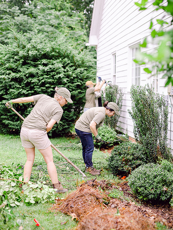 Those Plant Ladies pruning shrubs and laying mulch at The Hickory House.
