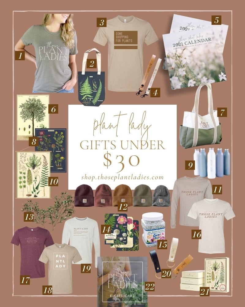 Collage of plant lady gifts under $30 from Those Plant Ladies.