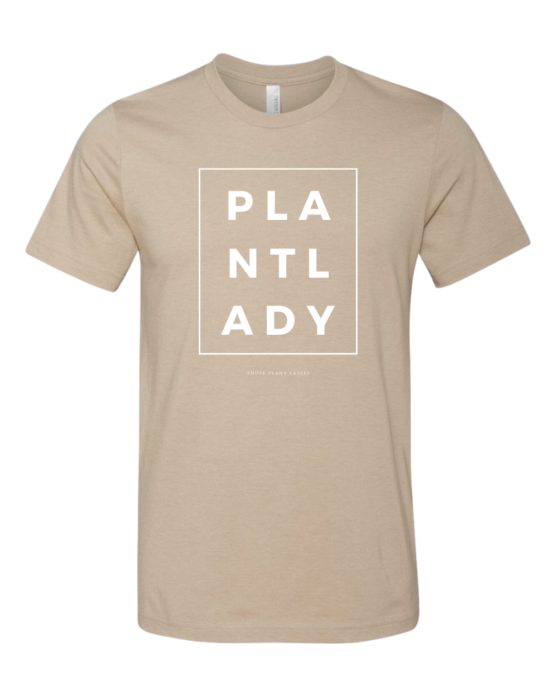 Short sleeved PLANT LADY tee from Those Plant Ladies. Oatmeal tshirt with white lettering in a boxed format.