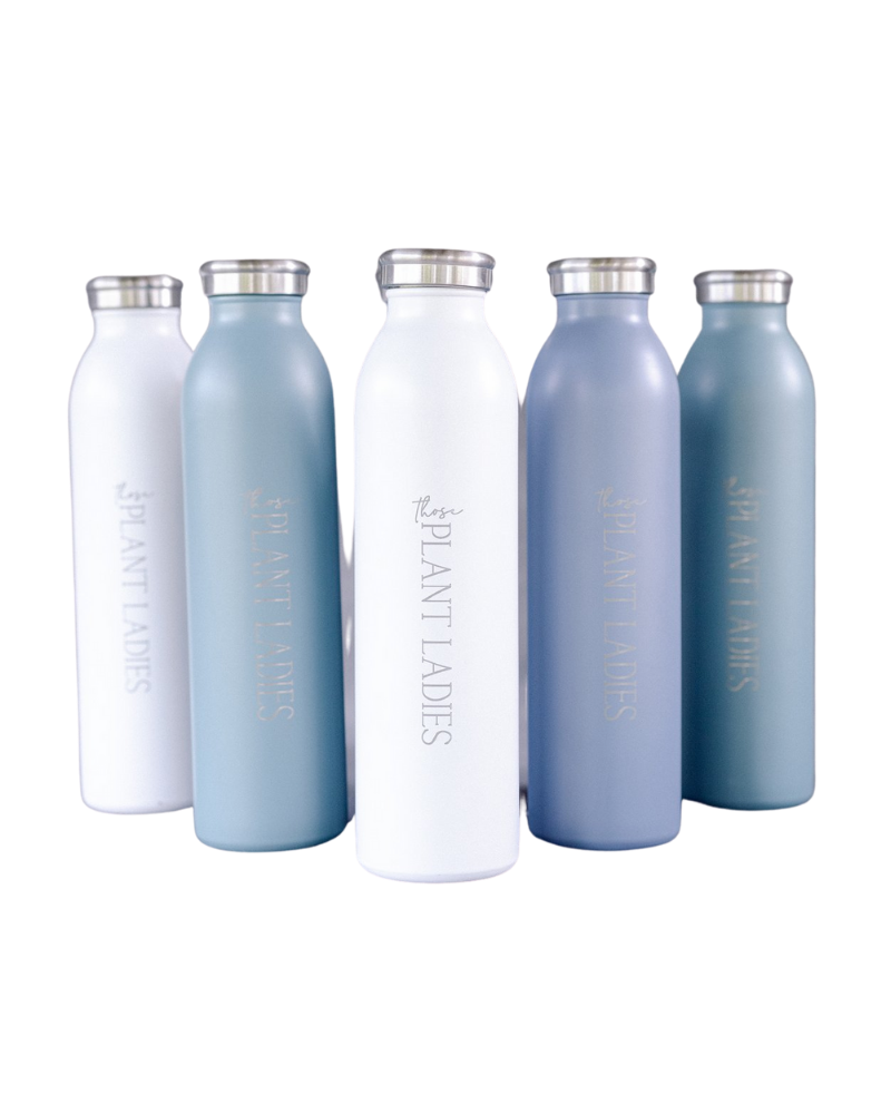Stainless steel water bottles from Those Plant Ladies. Available in white, sage, or slate blue.
