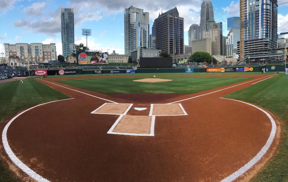 A wide-lense view of the Charlotte Knights stadium; taken behind home plate.