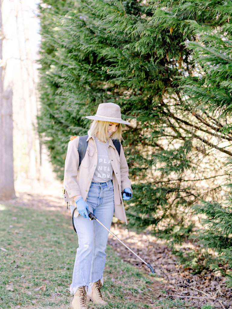 Fawn of Those Plant Ladies using a backpack sprayer to apply pre-emergent to prevent weeds in the grass.