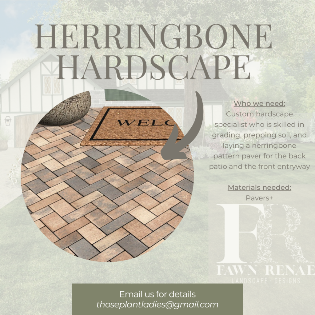 Infographic with details about the herringbone hardscape for the local HGTV-inspired TV show created by Those Plant Ladies.